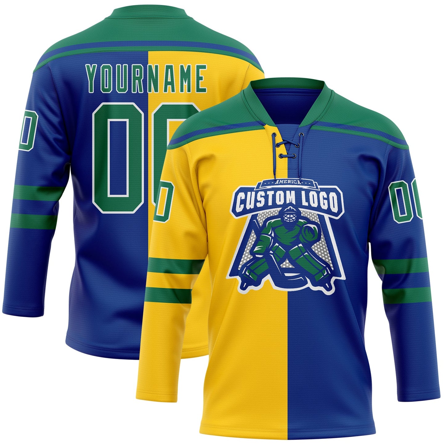 Custom Royal Kelly Green Yellow-White Split Fashion Hockey Lace Neck Jersey view 2