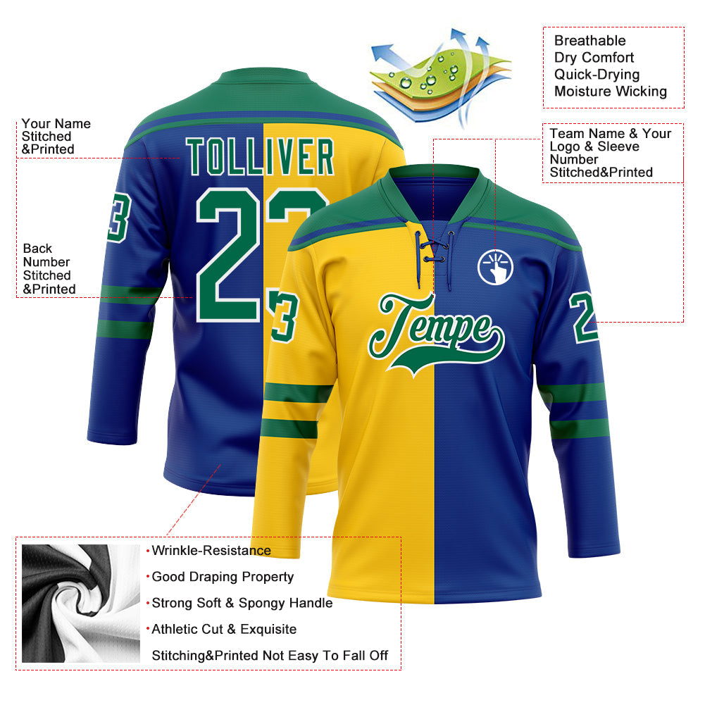 Custom Royal Kelly Green Yellow-White Split Fashion Hockey Lace Neck Jersey view 5