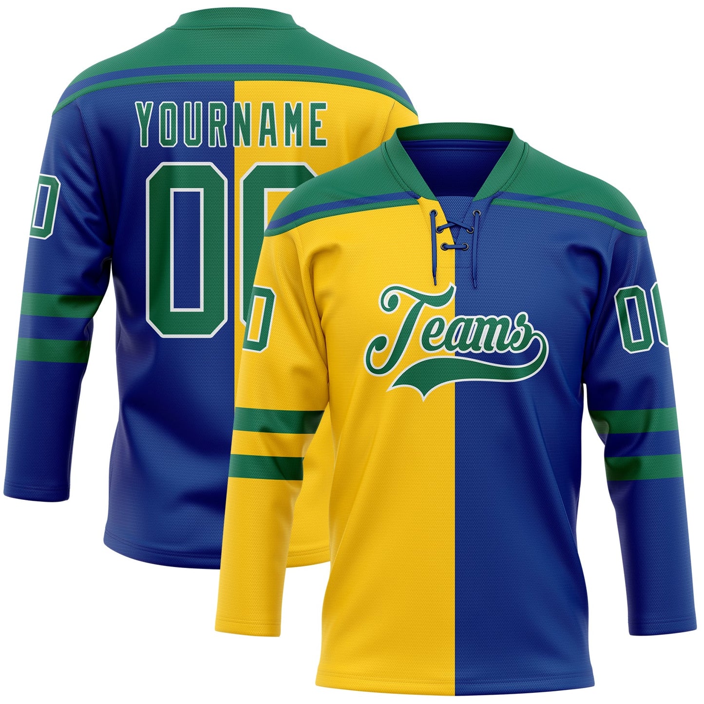 Custom Royal Kelly Green Yellow-White Split Fashion Hockey Lace Neck Jersey - Main View