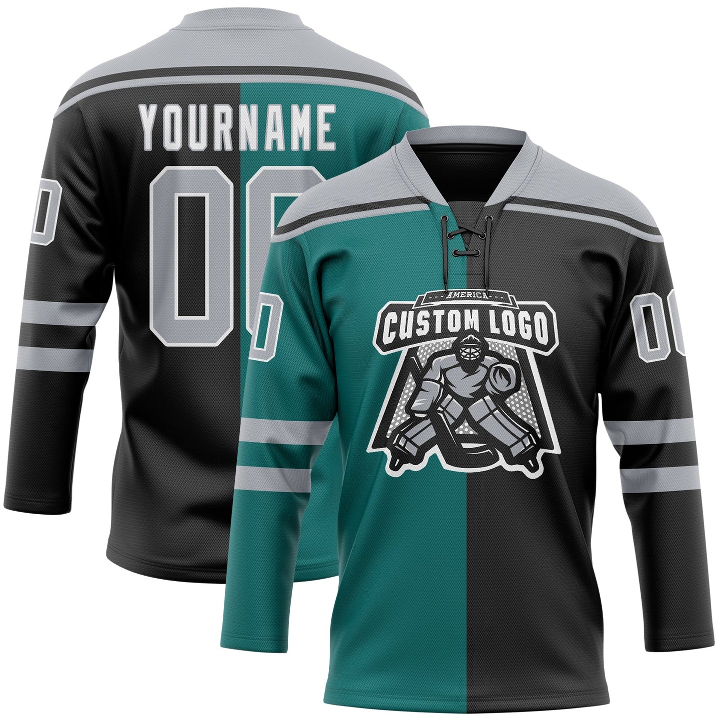Custom Black Gray Teal-White Split Fashion Hockey Lace Neck Jersey view 2