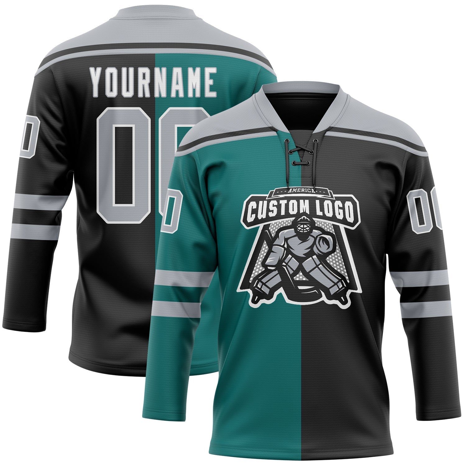 Custom Black Gray Teal-White Split Fashion Hockey Lace Neck Jersey view 2