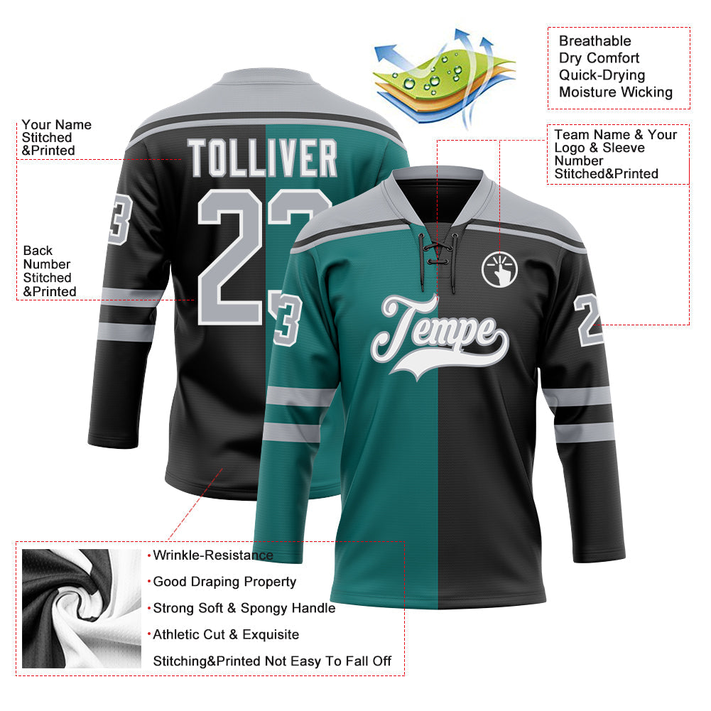 Custom Black Gray Teal-White Split Fashion Hockey Lace Neck Jersey view 5