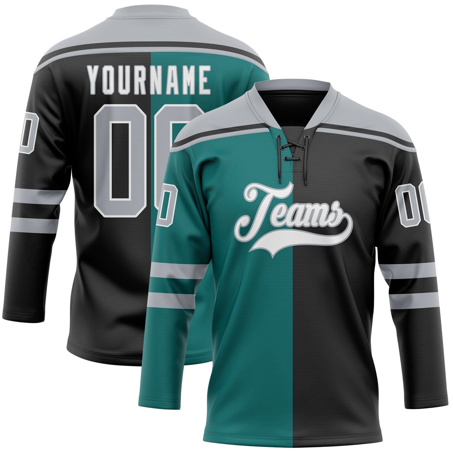 Custom Black Gray Teal-White Split Fashion Hockey Lace Neck Jersey - Main View