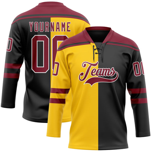 Custom Black Crimson Yellow-White Split Fashion Hockey Lace Neck Jersey - Main View