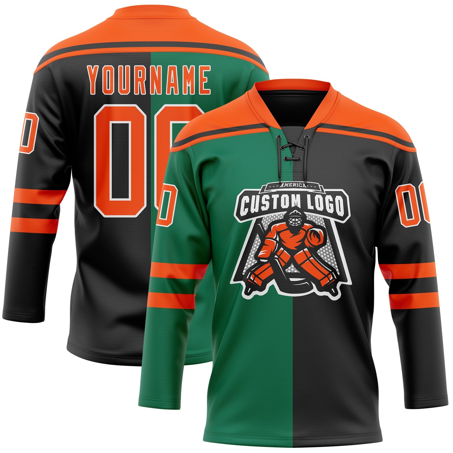 Custom Black Orange Kelly Green-White Split Fashion Hockey Lace Neck Jersey view 2