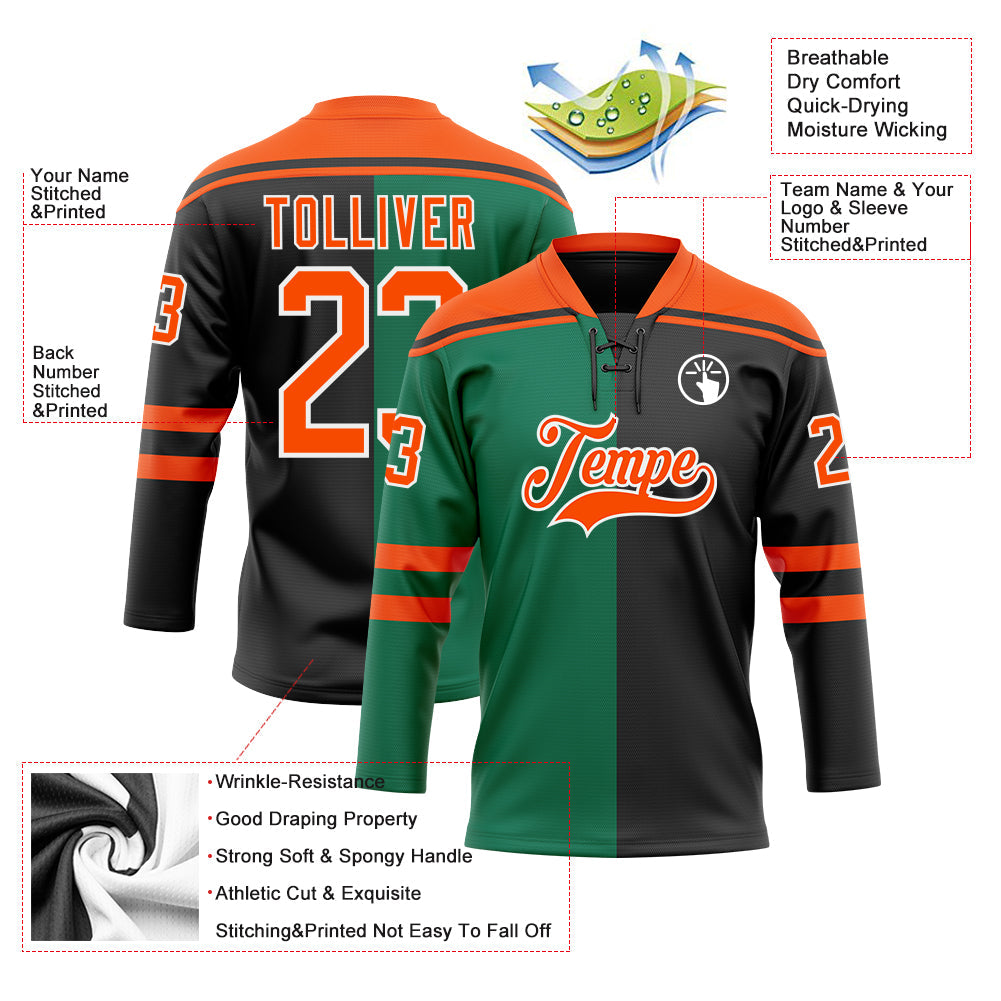 Custom Black Orange Kelly Green-White Split Fashion Hockey Lace Neck Jersey view 5