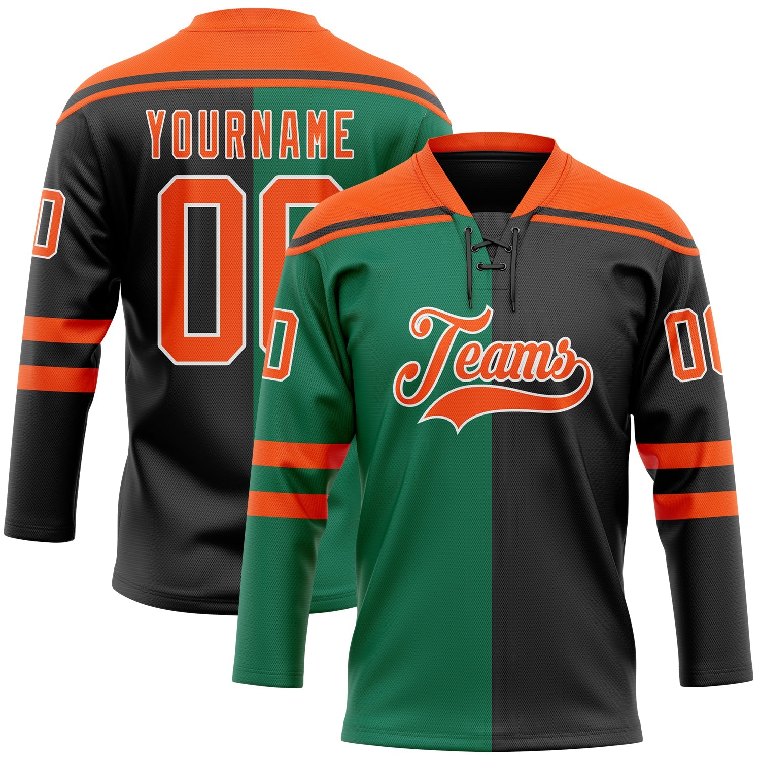 Custom Black Orange Kelly Green-White Split Fashion Hockey Lace Neck Jersey - Main View