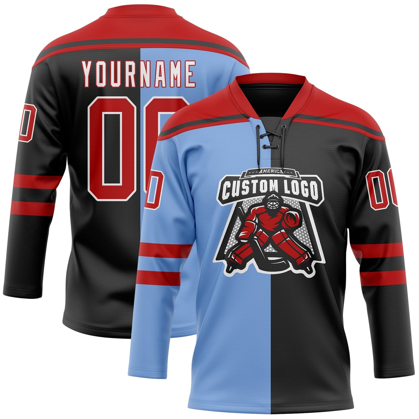 Custom Black Red Powder Blue-White Split Fashion Hockey Lace Neck Jersey view 2