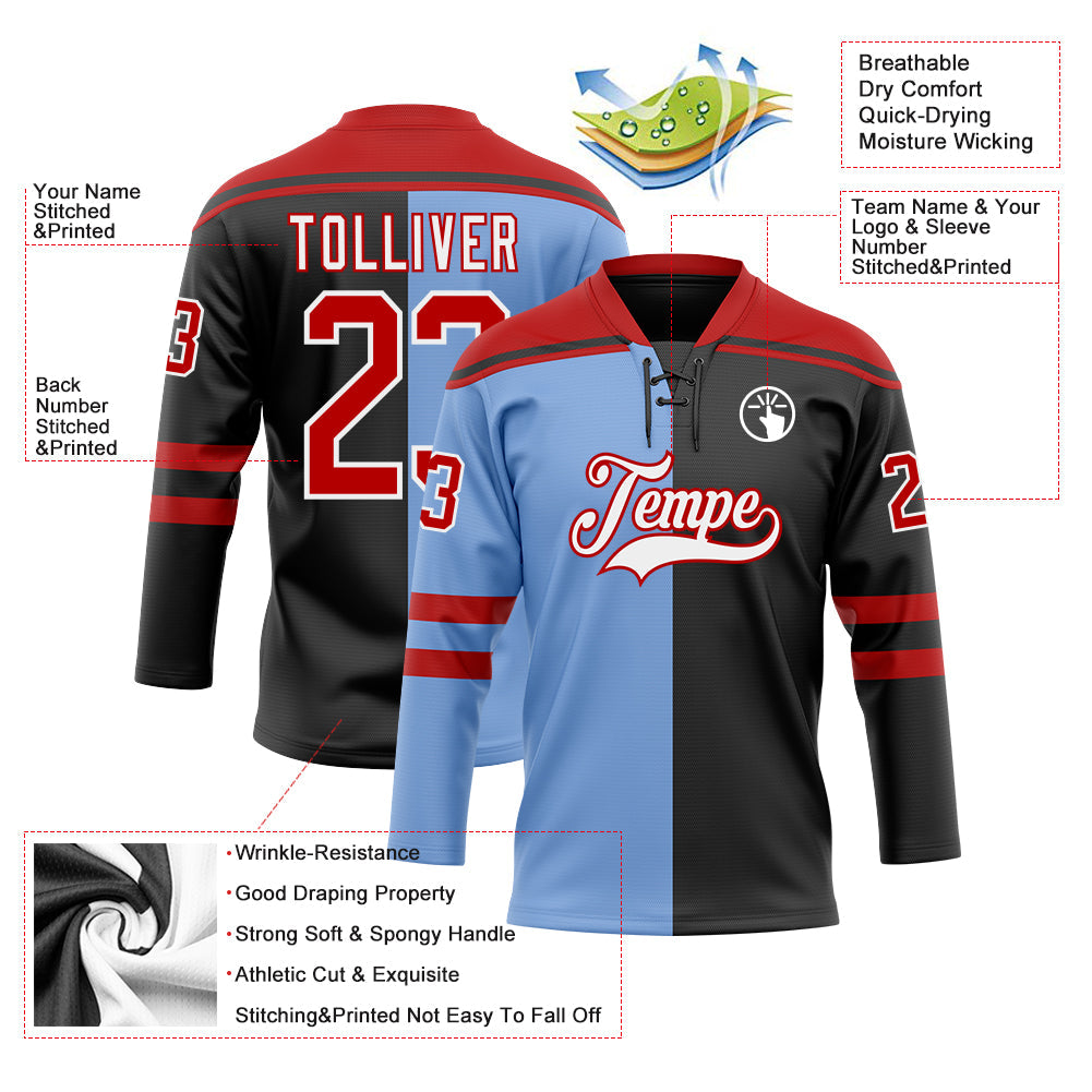 Custom Black Red Powder Blue-White Split Fashion Hockey Lace Neck Jersey view 5