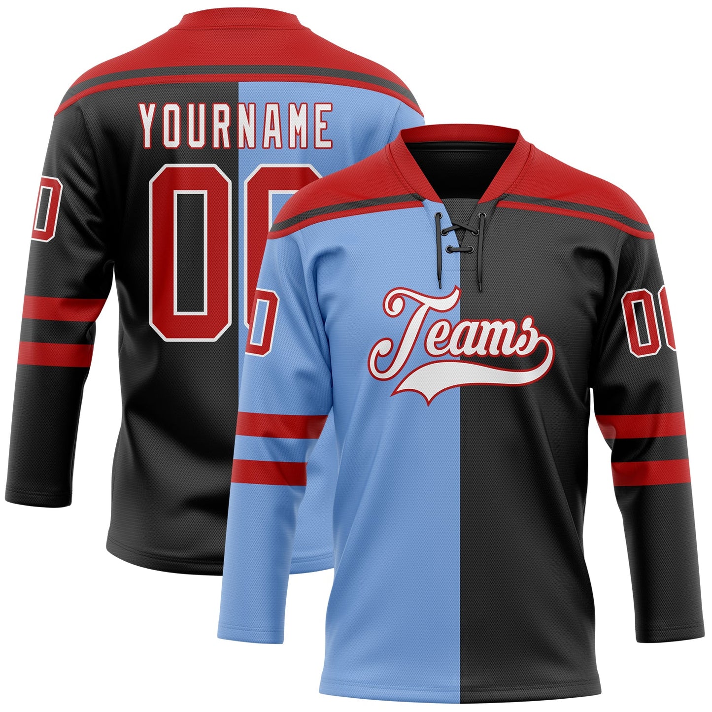 Custom Black Red Powder Blue-White Split Fashion Hockey Lace Neck Jersey - Main View