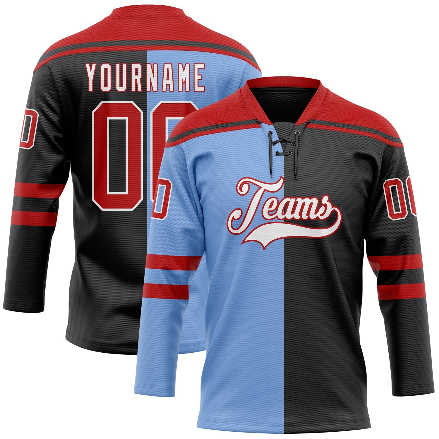 Custom Black Red Powder Blue-White Split Fashion Hockey Lace Neck Jersey - Main View