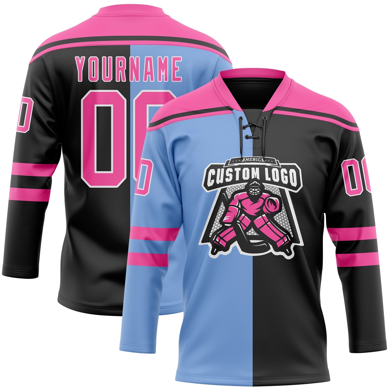 Custom Black Pink Powder Blue-White Split Fashion Hockey Lace Neck Jersey view 2