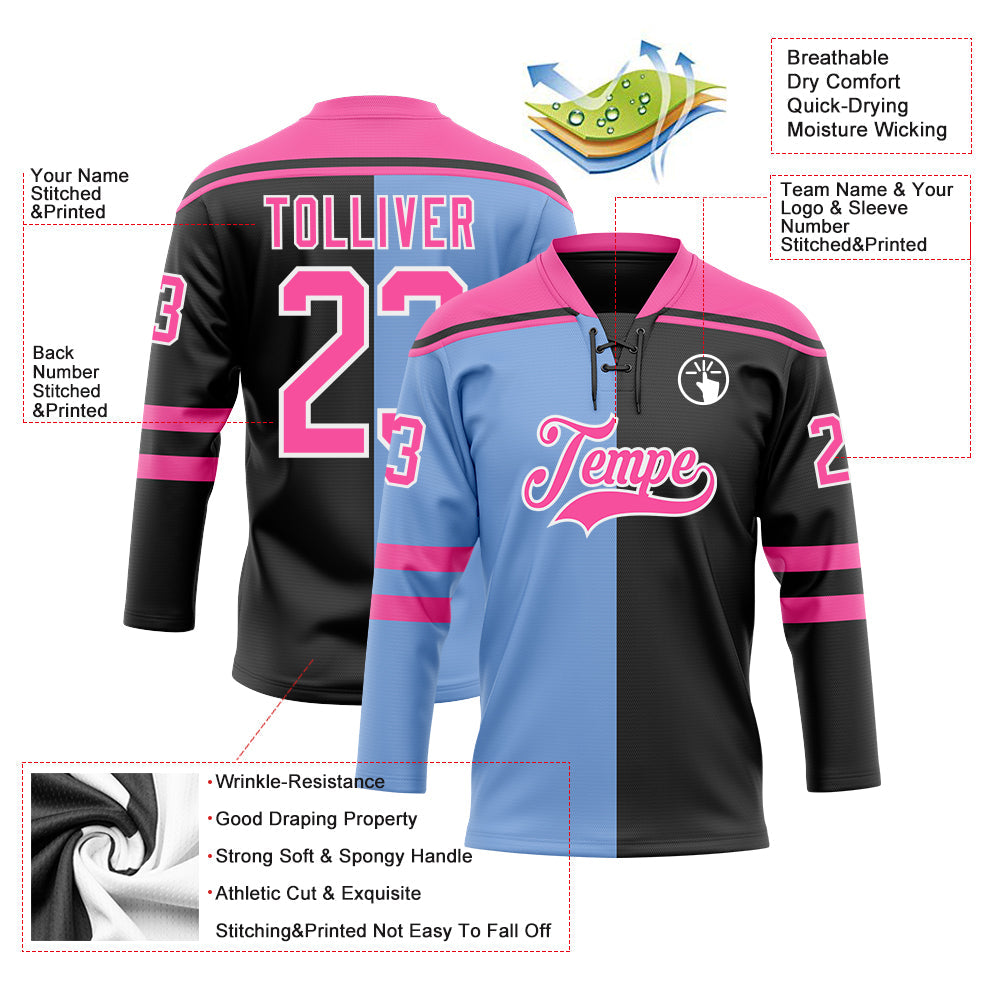 Custom Black Pink Powder Blue-White Split Fashion Hockey Lace Neck Jersey view 5