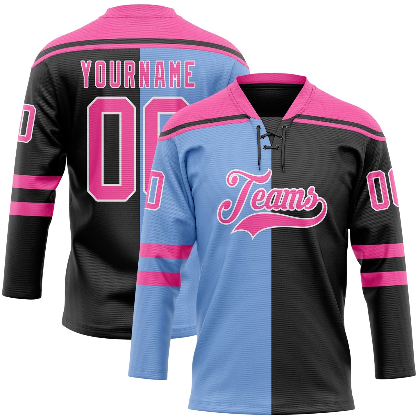 Custom Black Pink Powder Blue-White Split Fashion Hockey Lace Neck Jersey - Main View