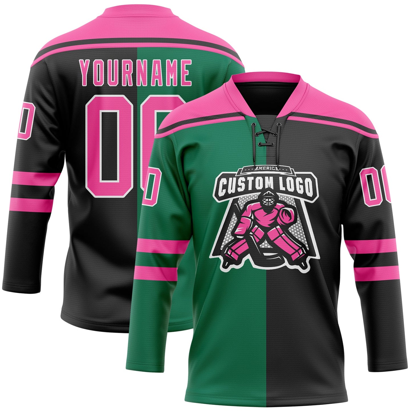 Custom Black Pink Kelly Green-White Split Fashion Hockey Lace Neck Jersey view 2