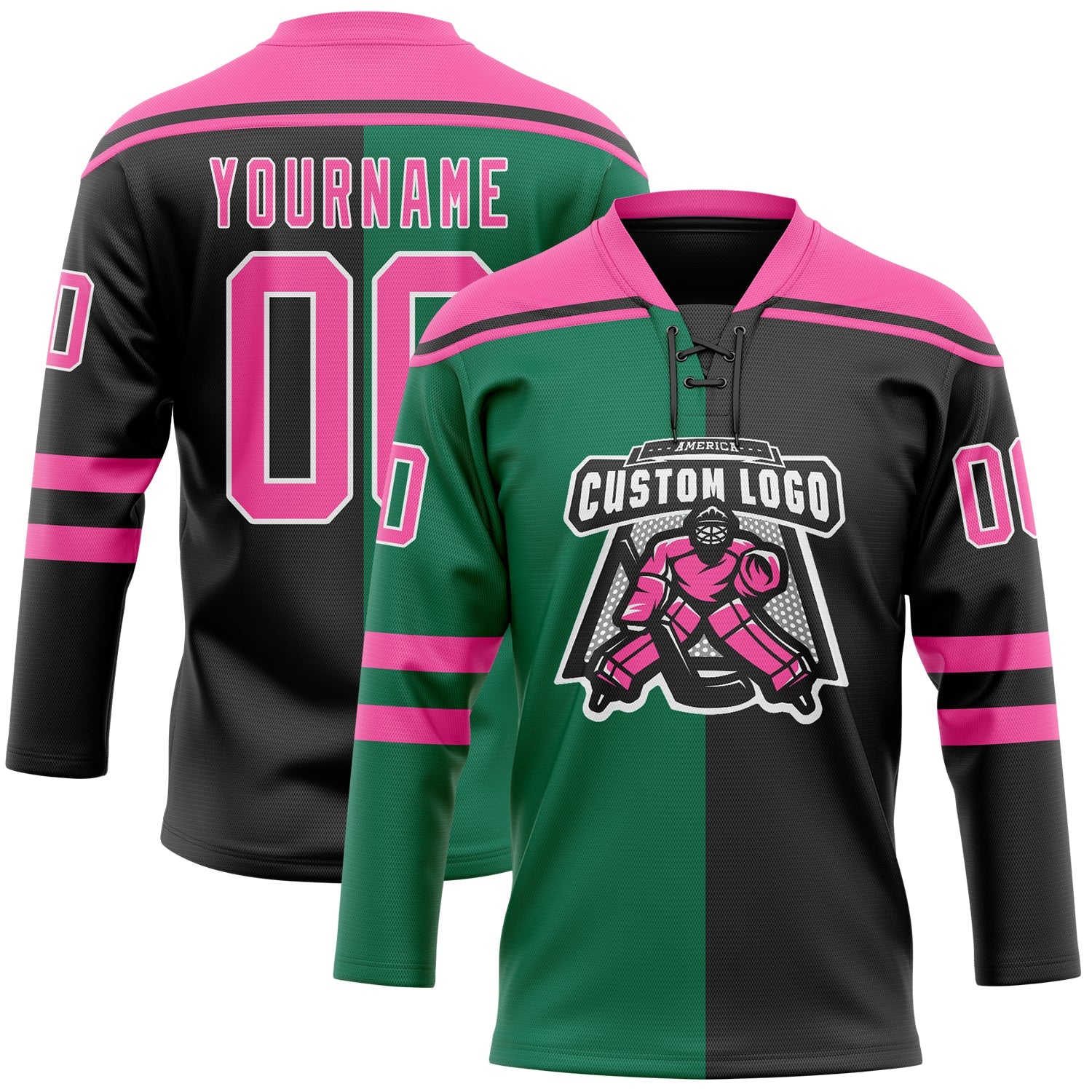 Custom Black Pink Kelly Green-White Split Fashion Hockey Lace Neck Jersey view 2