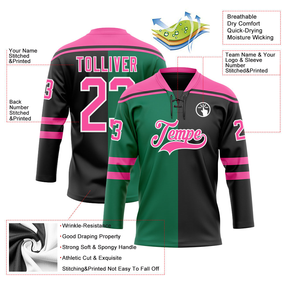 Custom Black Pink Kelly Green-White Split Fashion Hockey Lace Neck Jersey view 5
