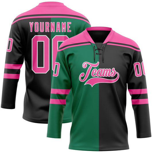 Custom Black Pink Kelly Green-White Split Fashion Hockey Lace Neck Jersey - Main View