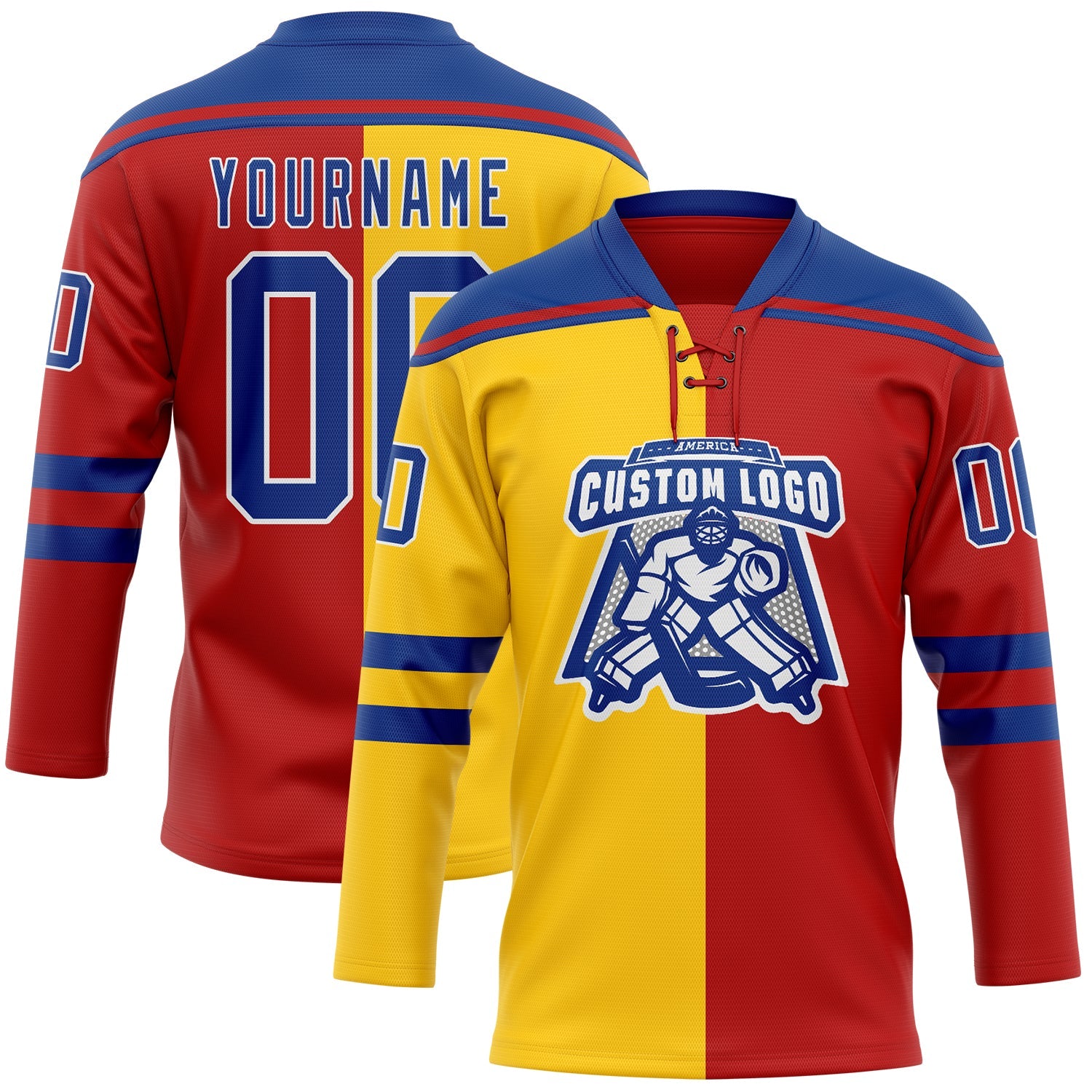 Custom Red Royal Yellow-White Split Fashion Hockey Lace Neck Jersey view 2
