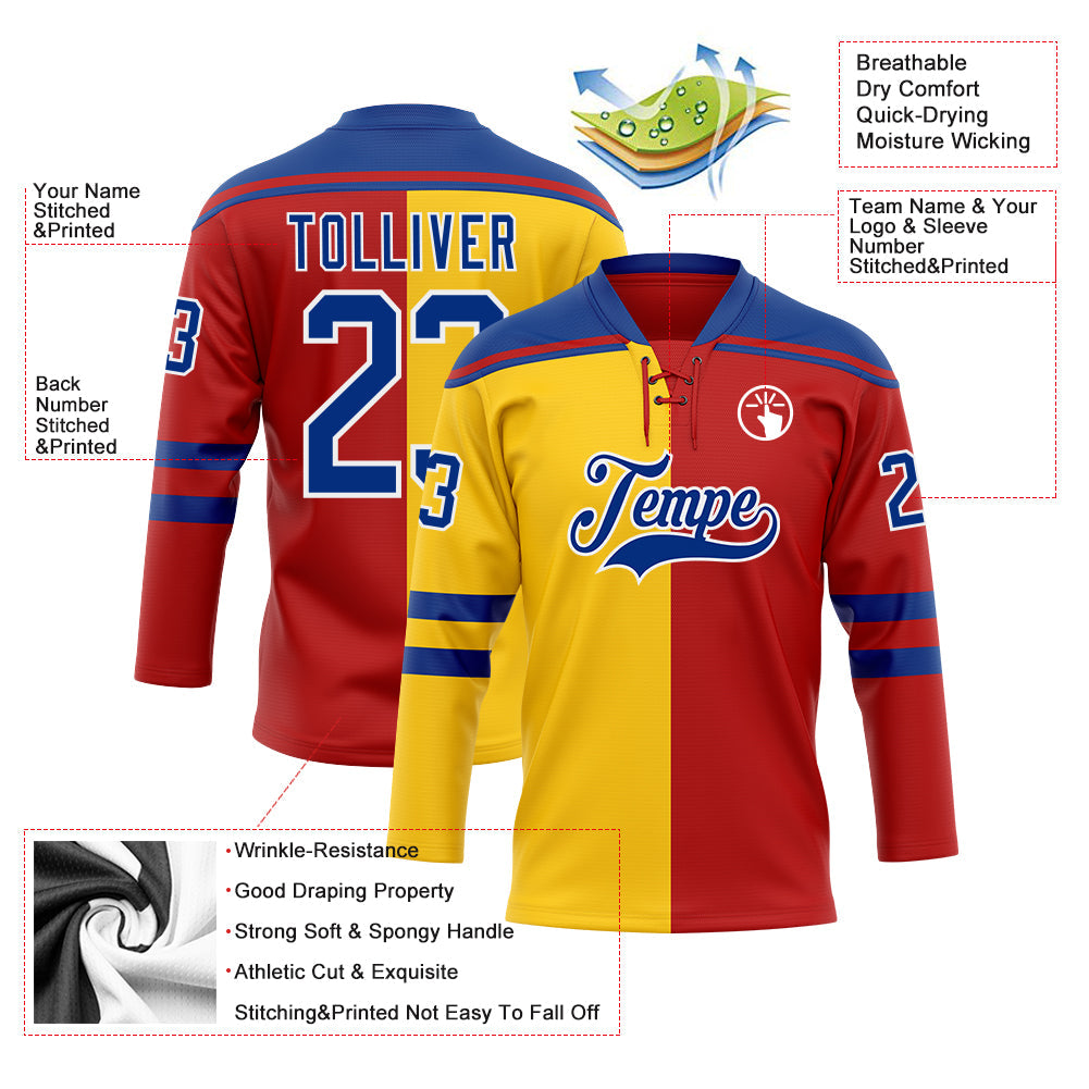 Custom Red Royal Yellow-White Split Fashion Hockey Lace Neck Jersey view 5
