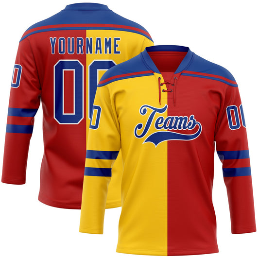 Custom Red Royal Yellow-White Split Fashion Hockey Lace Neck Jersey - Main View