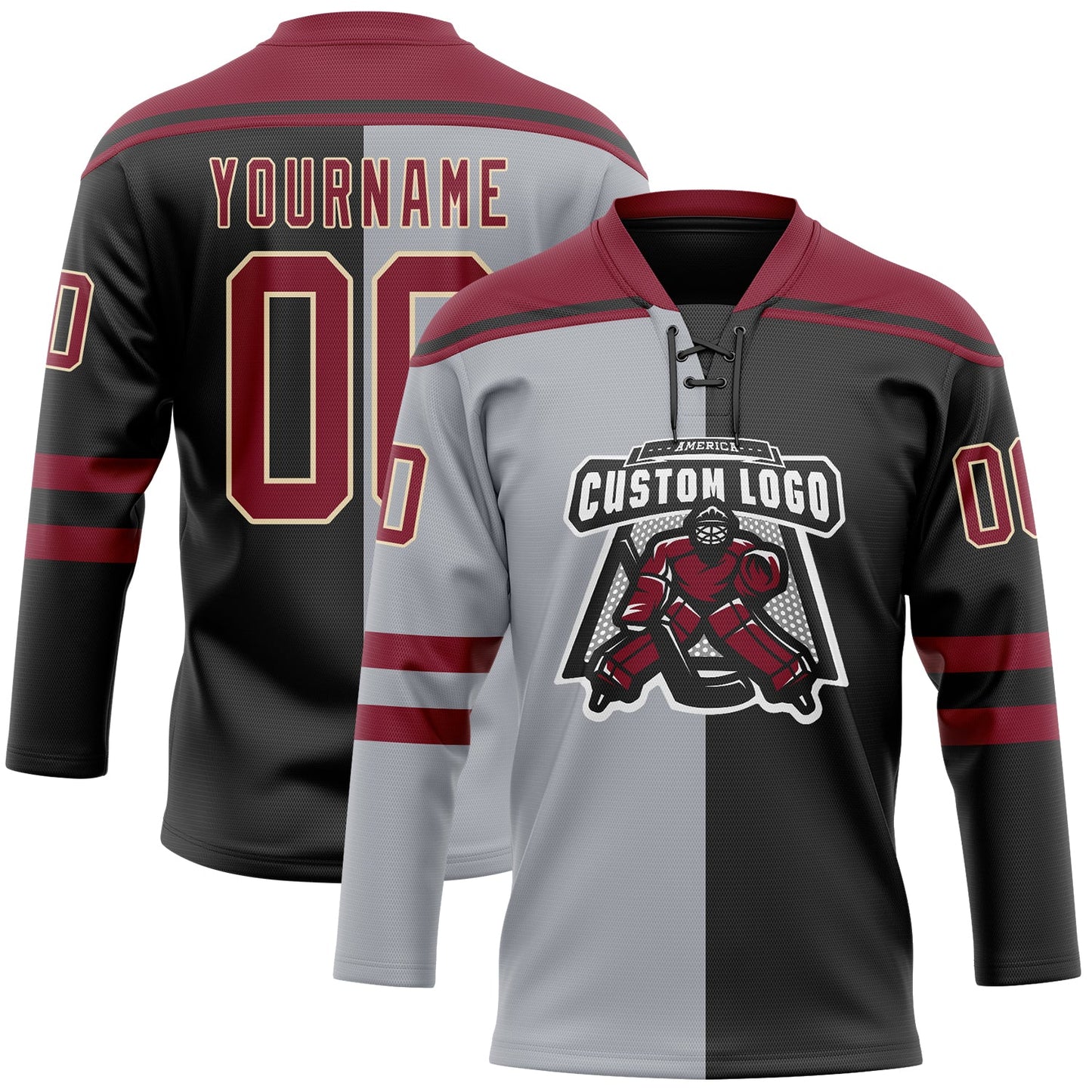Custom Black Crimson Gray-Cream Split Fashion Hockey Lace Neck Jersey view 2
