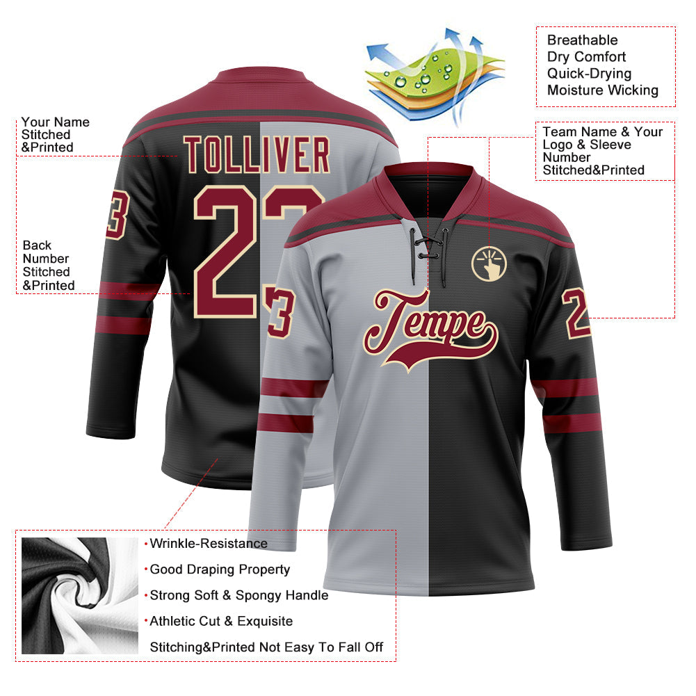 Custom Black Crimson Gray-Cream Split Fashion Hockey Lace Neck Jersey view 5