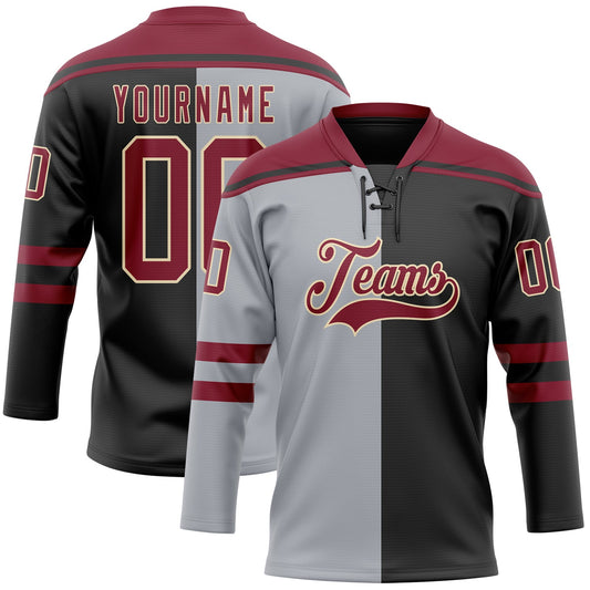 Custom Black Crimson Gray-Cream Split Fashion Hockey Lace Neck Jersey - Main View