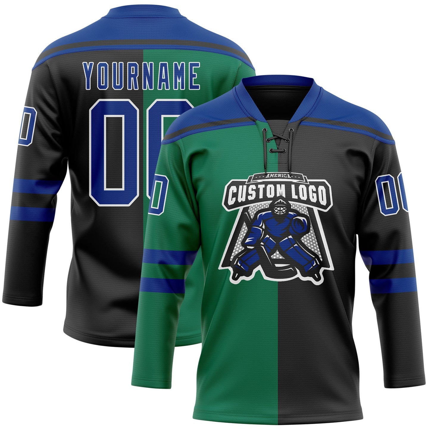 Custom Black Royal Kelly Green-White Split Fashion Hockey Lace Neck Jersey view 2
