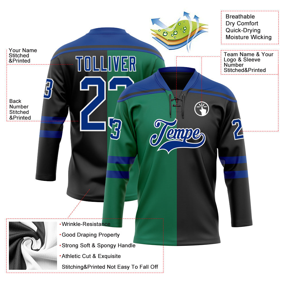 Custom Black Royal Kelly Green-White Split Fashion Hockey Lace Neck Jersey view 5