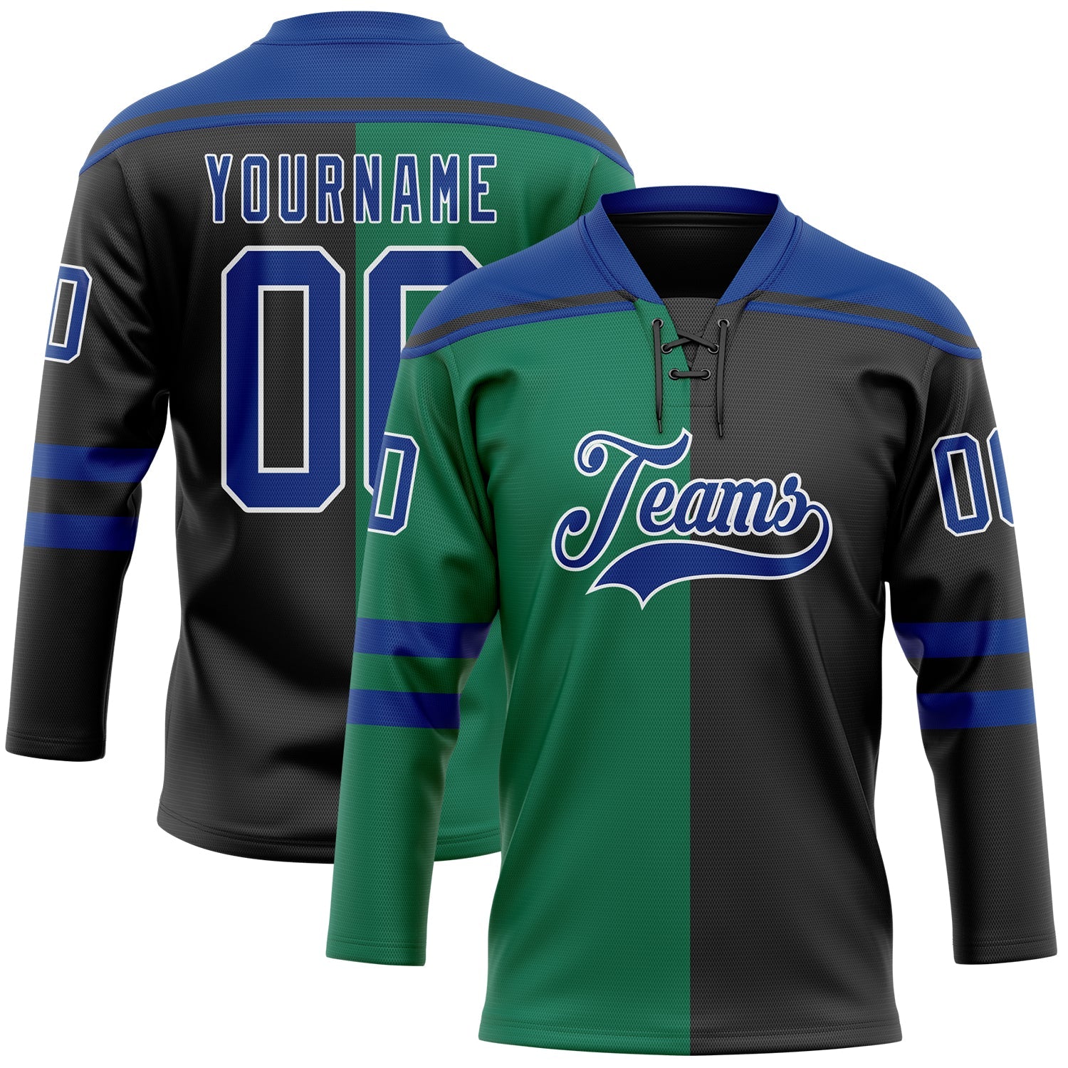 Custom Black Royal Kelly Green-White Split Fashion Hockey Lace Neck Jersey - Main View