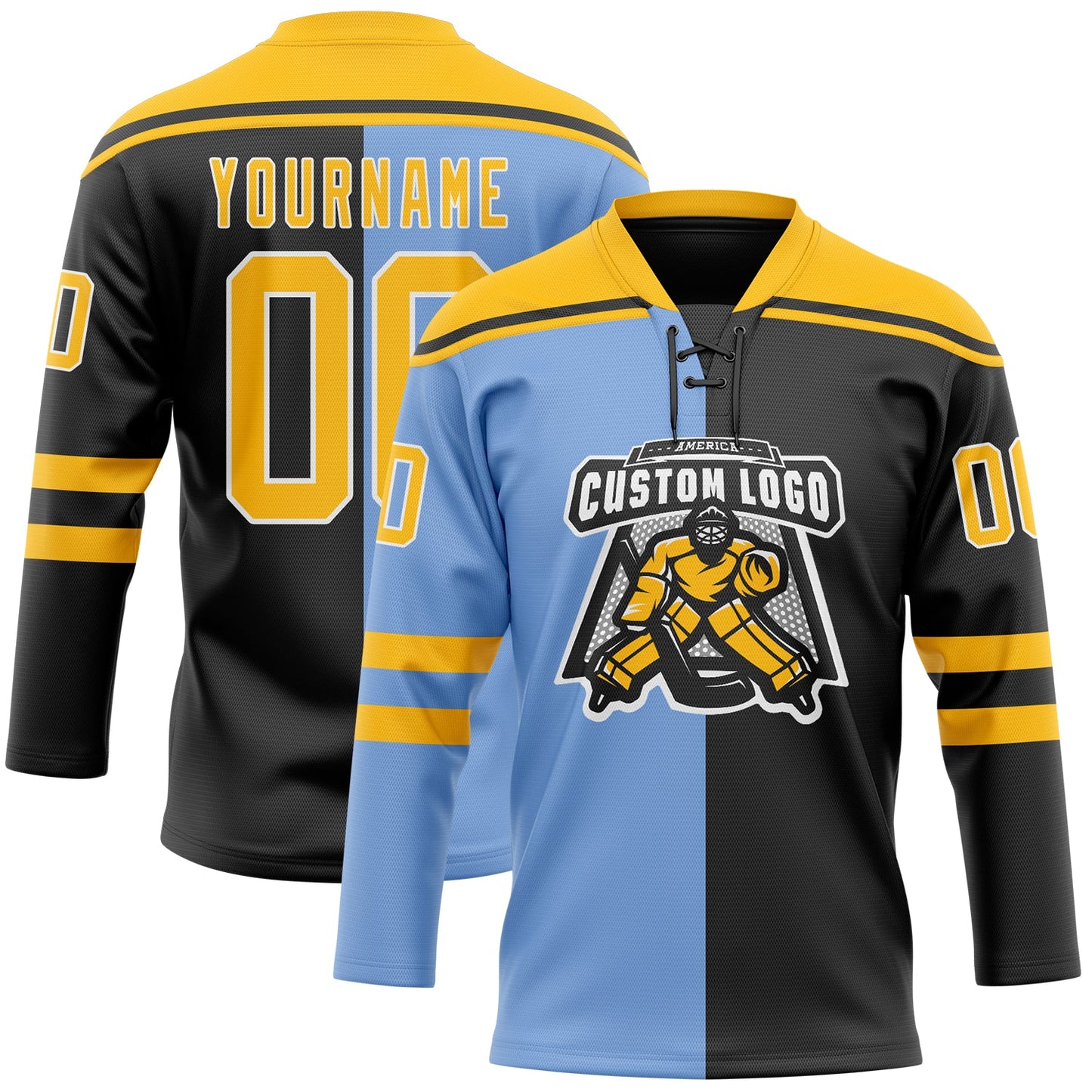 Custom Black Gold Powder Blue-White Split Fashion Hockey Lace Neck Jersey view 2