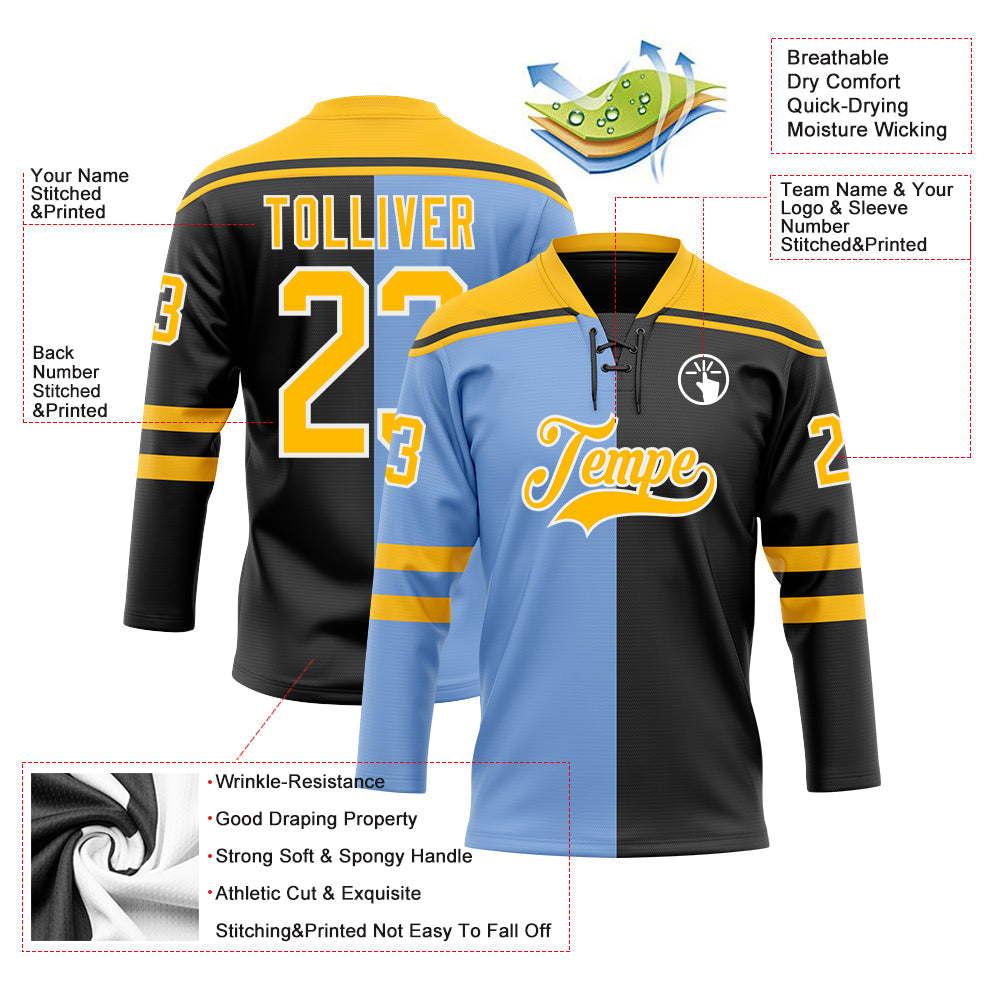 Custom Black Gold Powder Blue-White Split Fashion Hockey Lace Neck Jersey view 5