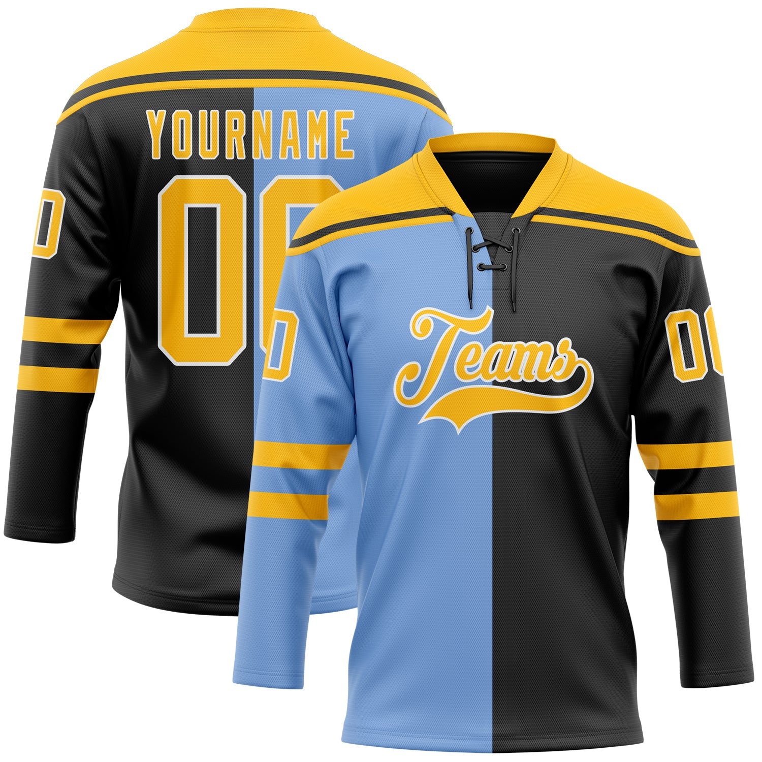 Custom Black Gold Powder Blue-White Split Fashion Hockey Lace Neck Jersey - Main View