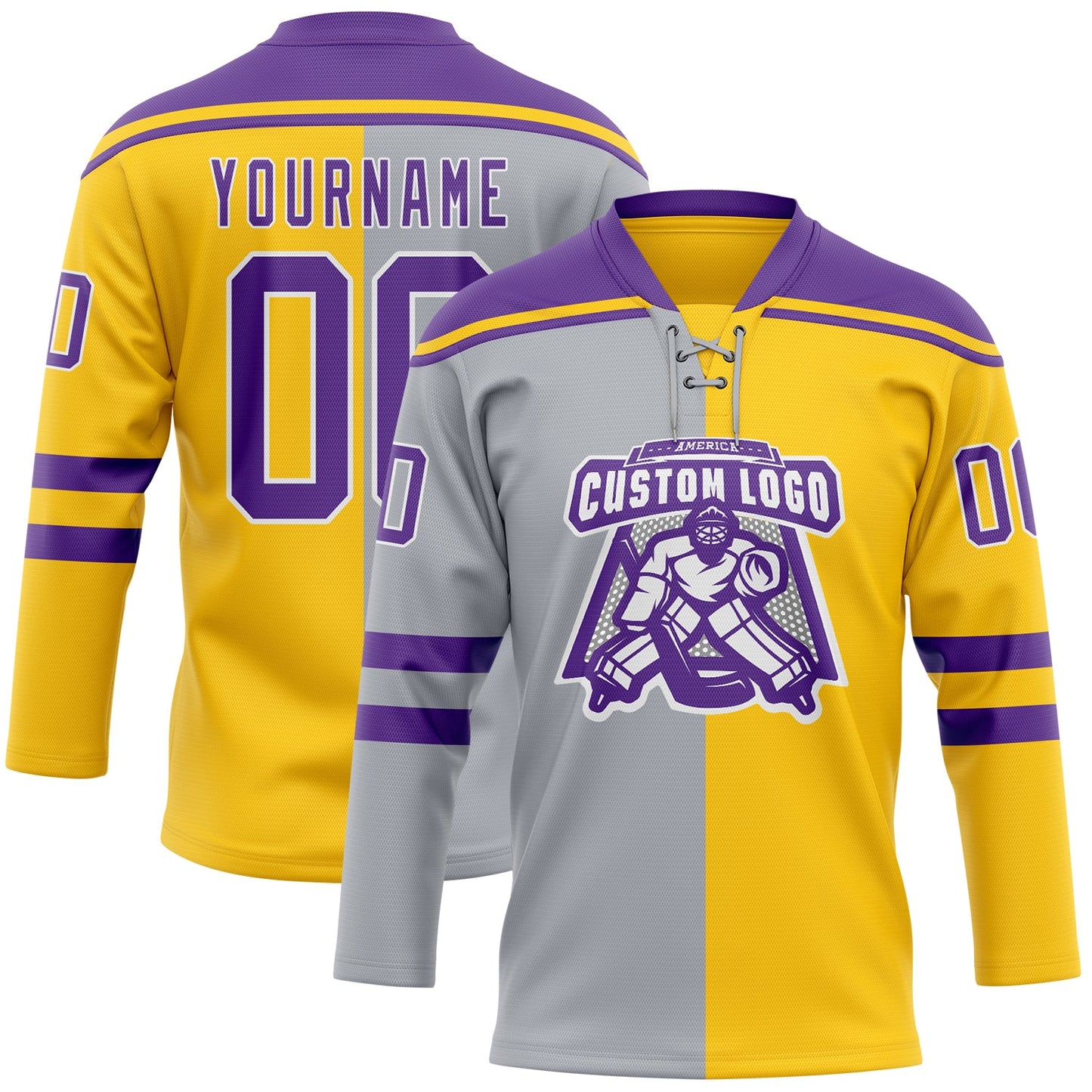 Custom Yellow Purple Gray-White Split Fashion Hockey Lace Neck Jersey view 2