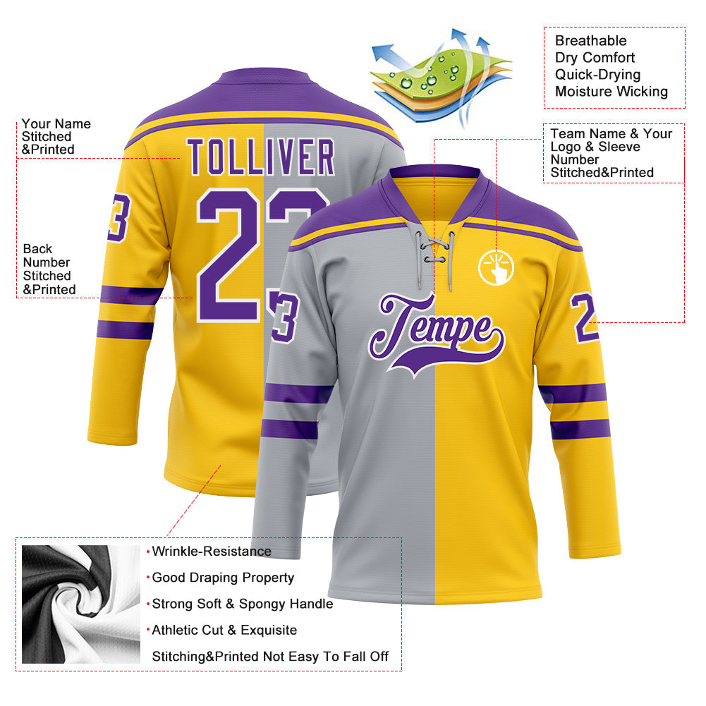 Custom Yellow Purple Gray-White Split Fashion Hockey Lace Neck Jersey view 5