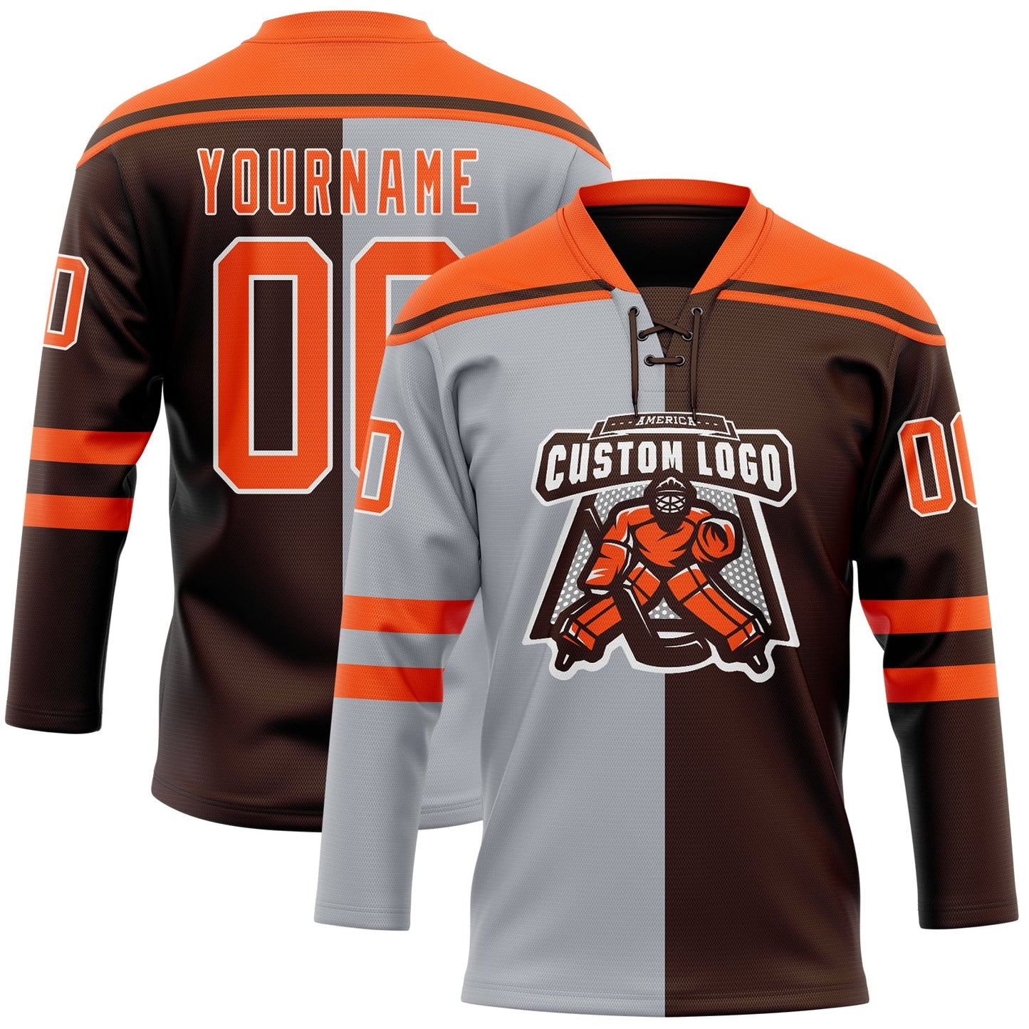 Custom Brown Orange Gray-White Split Fashion Hockey Lace Neck Jersey view 2