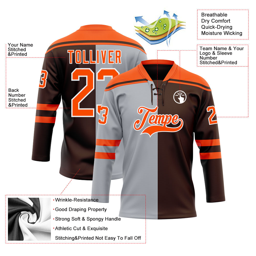Custom Brown Orange Gray-White Split Fashion Hockey Lace Neck Jersey view 5