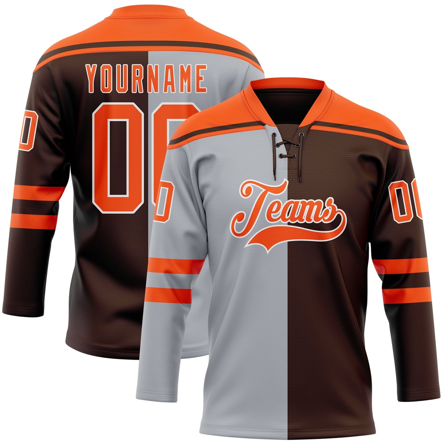 Custom Brown Orange Gray-White Split Fashion Hockey Lace Neck Jersey - Main View