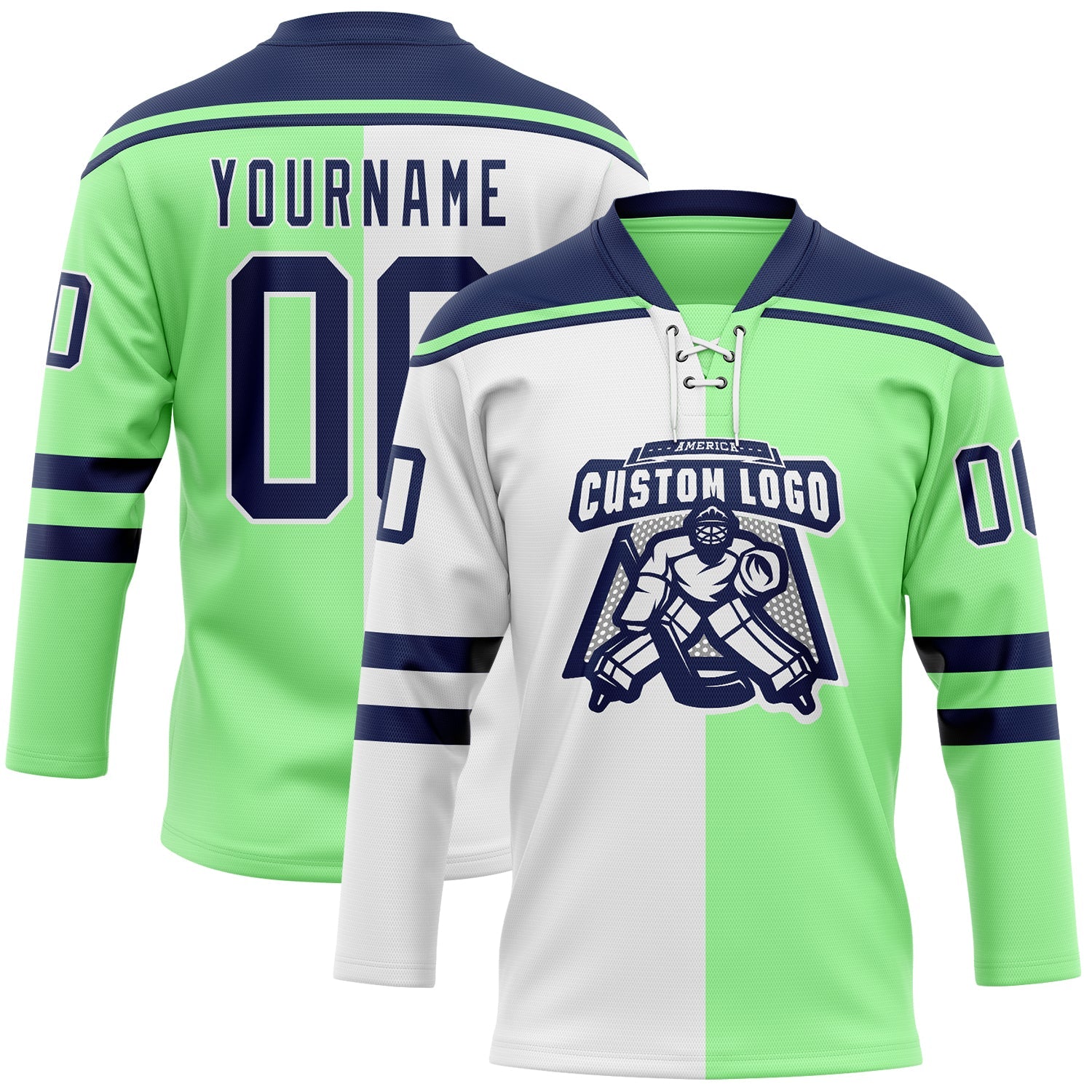 Custom Pea Green Navy-White Split Fashion Hockey Lace Neck Jersey view 2