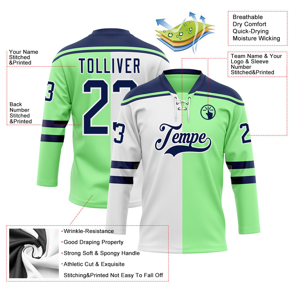 Custom Pea Green Navy-White Split Fashion Hockey Lace Neck Jersey view 5