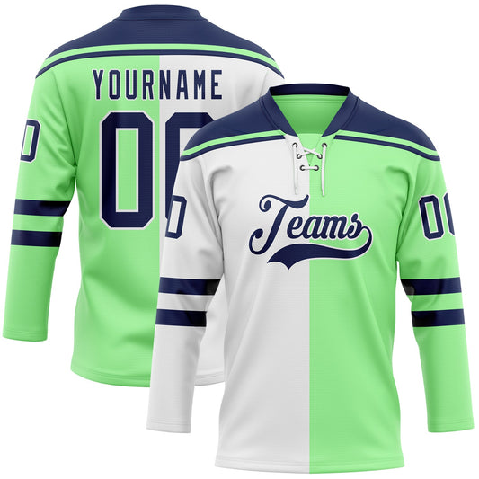 Custom Pea Green Navy-White Split Fashion Hockey Lace Neck Jersey - Main View