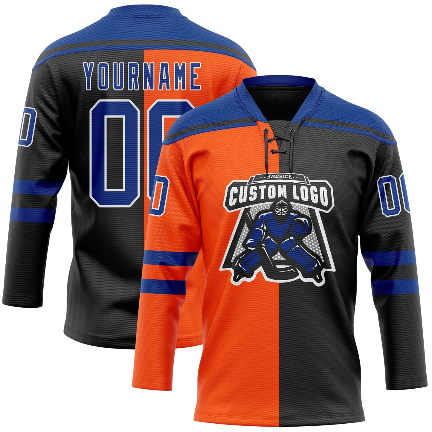 Custom Black Royal Orange-White Split Fashion Hockey Lace Neck Jersey view 2