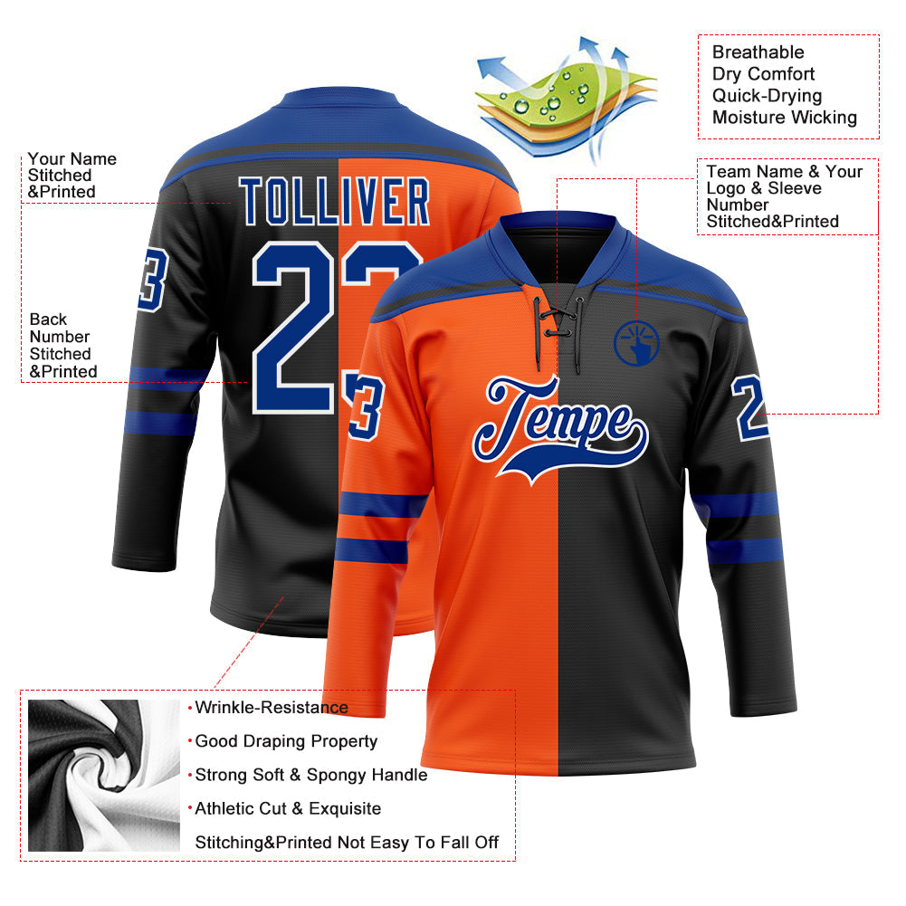 Custom Black Royal Orange-White Split Fashion Hockey Lace Neck Jersey view 5