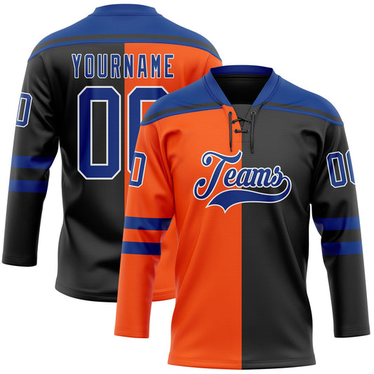 Custom Black Royal Orange-White Split Fashion Hockey Lace Neck Jersey - Main View