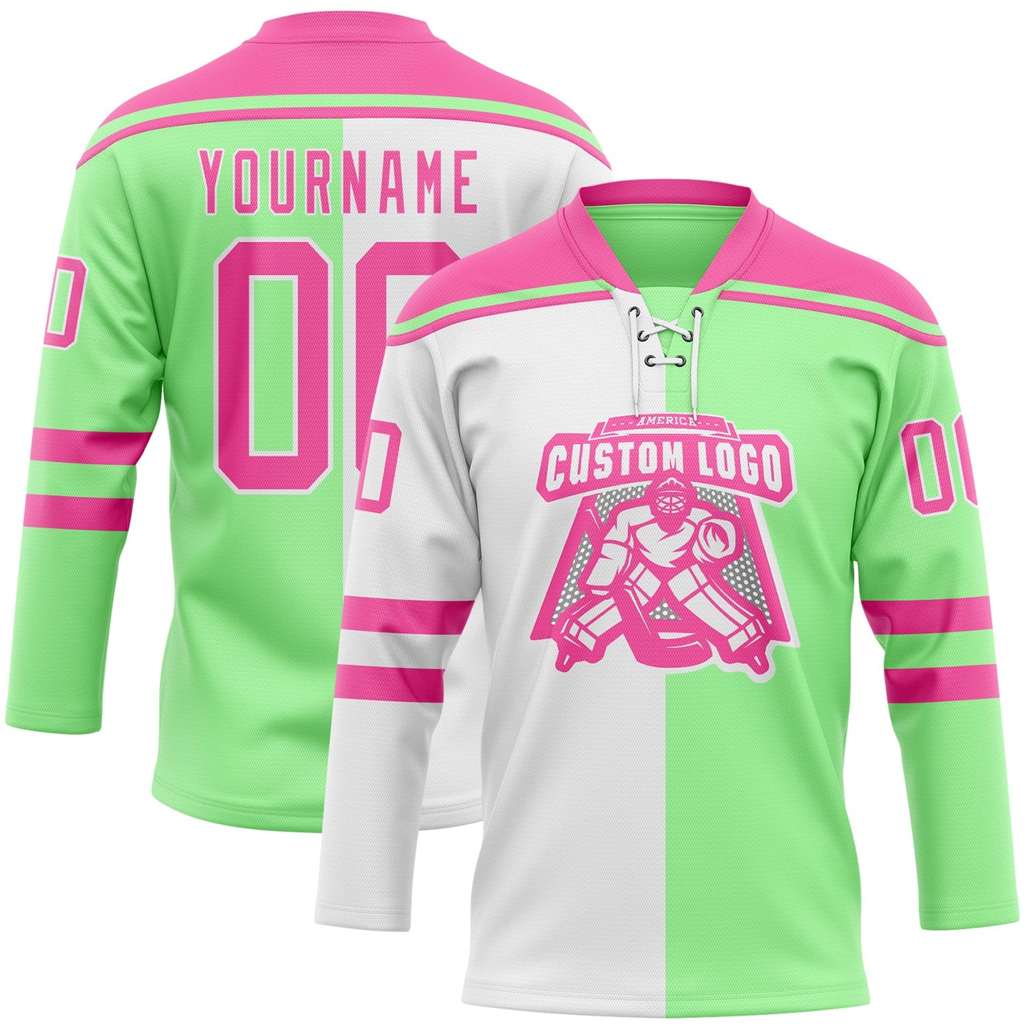 Custom Pea Green Pink-White Split Fashion Hockey Lace Neck Jersey view 2