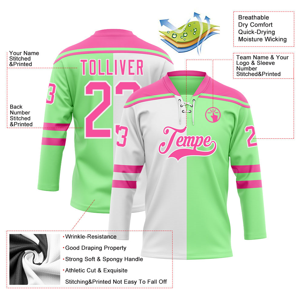 Custom Pea Green Pink-White Split Fashion Hockey Lace Neck Jersey view 5