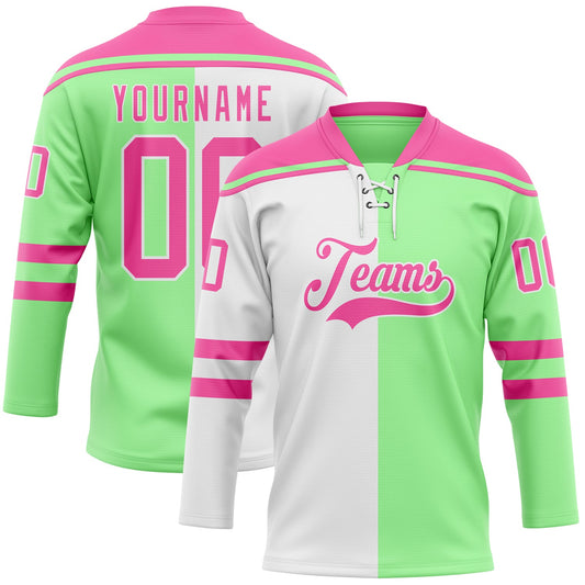 Custom Pea Green Pink-White Split Fashion Hockey Lace Neck Jersey - Main View