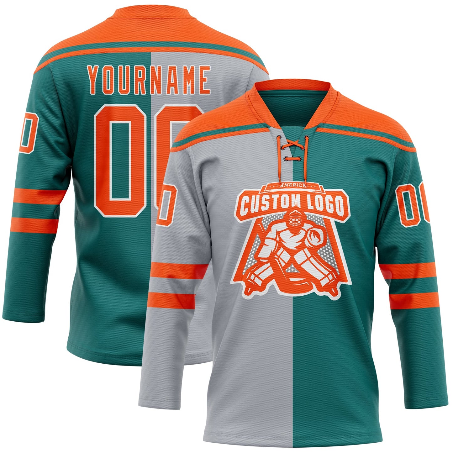 Custom Teal Orange Gray-White Split Fashion Hockey Lace Neck Jersey view 2