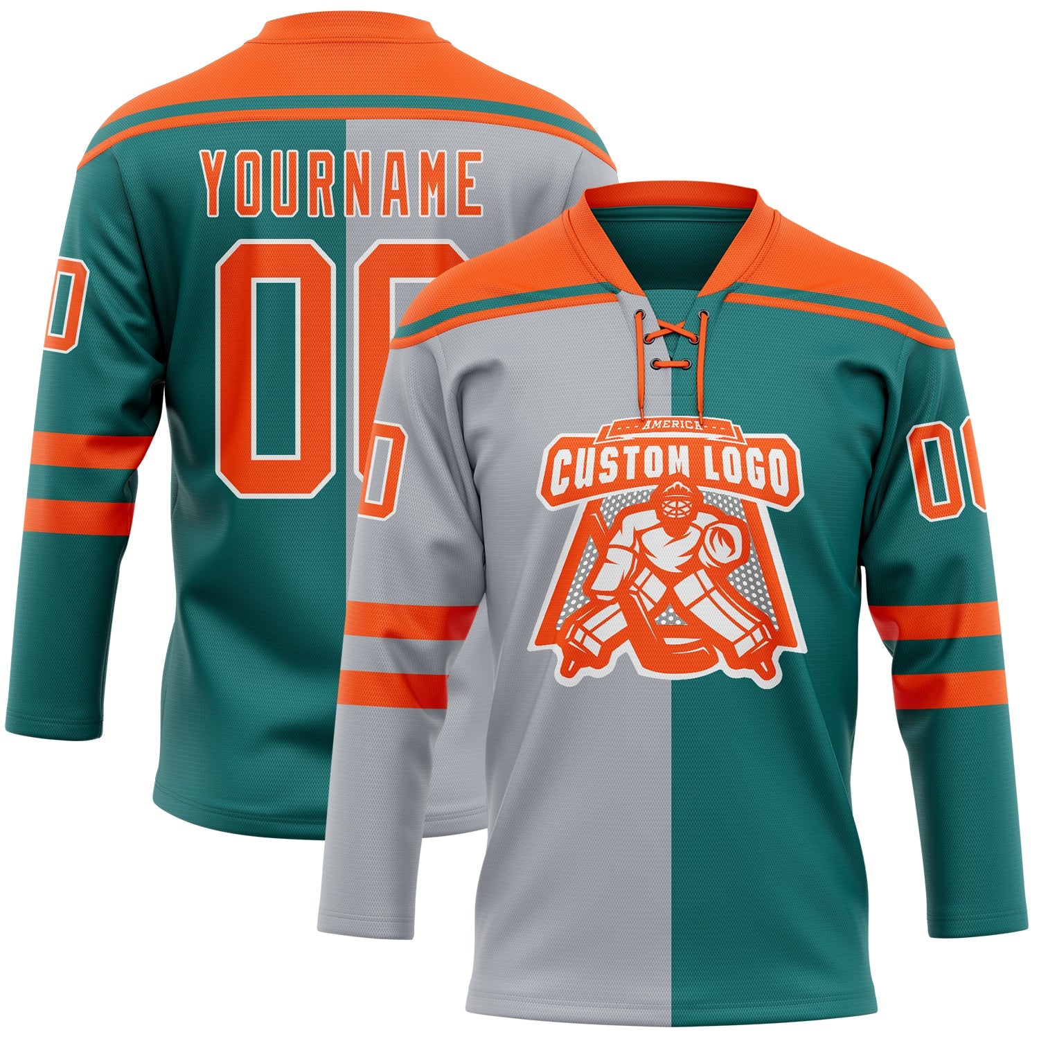 Custom Teal Orange Gray-White Split Fashion Hockey Lace Neck Jersey view 2